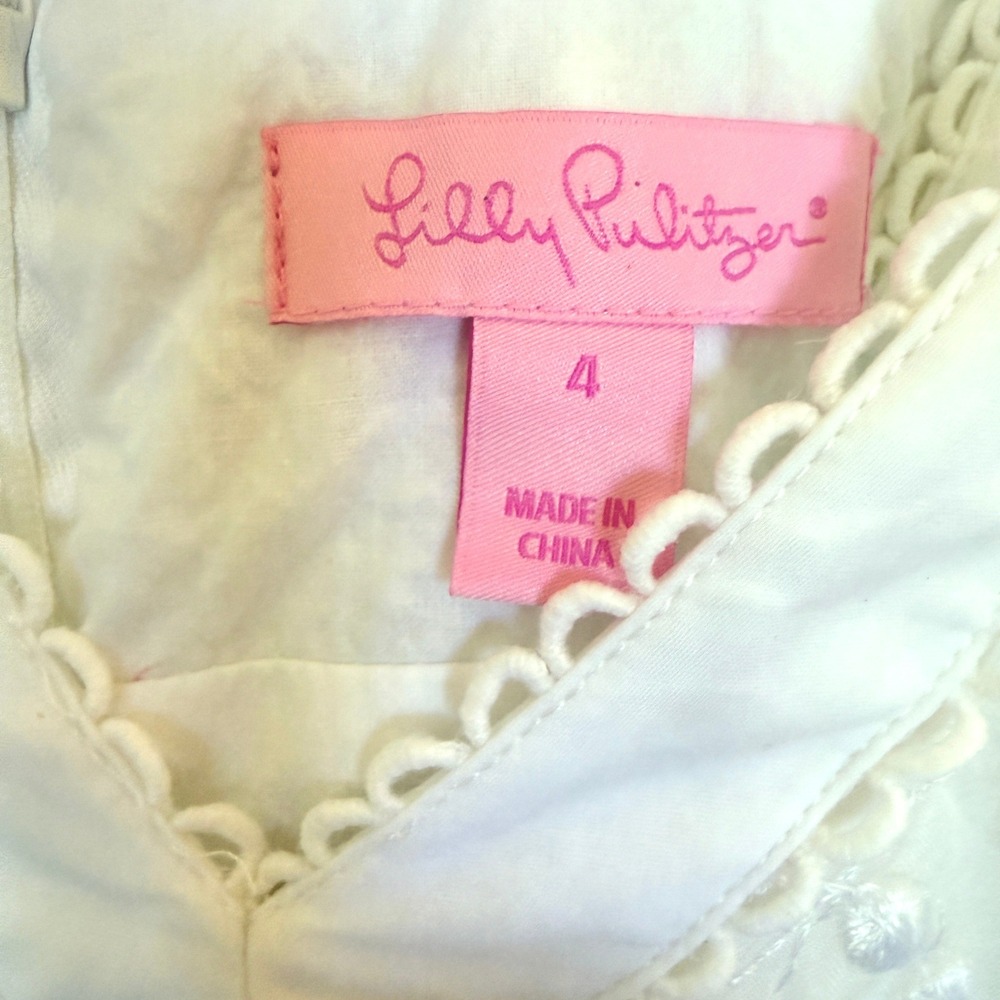 Lilly Pulitzer White Eyelet Silk Rayon Blend V-Neck Empire Waist Dress Sz 4 - Picture 6 of 9